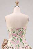 Pink A-Line Strapless Floral Jacquard Short Homecoming Dress with Bow