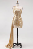 Gold Metallic One-Shoulder Ruched Short Homecoming Dress with Side Train