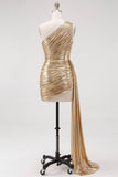 Gold Metallic One-Shoulder Ruched Short Homecoming Dress with Side Train