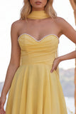 Yellow A-Line Pearl Trim Strapless Chiffon Short Homecoming Dress with Scarf