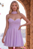 Yellow A-Line Pearl Trim Strapless Chiffon Short Homecoming Dress with Scarf