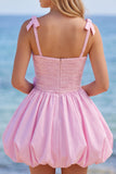 Pink A-Line Pearl 3D Flower Ruffle Hem Short Homecoming Dress with Bow