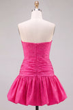 Fuchsia Strapless Cut Out A-Line Beaded Short Homecoming Dress with Ruffle Hem