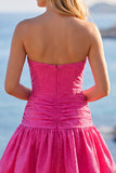 Fuchsia Strapless Cut Out A-Line Beaded Short Homecoming Dress with Ruffle Hem