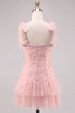 Pink Pearl Tulle Tiered A-Line Beaded Short Homecoming Dress with Ruffles
