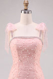 Pink Pearl Tulle Tiered A-Line Beaded Short Homecoming Dress with Ruffles