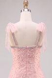 Pink Pearl Tulle Tiered A-Line Beaded Short Homecoming Dress with Ruffles