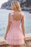 Pink Pearl Tulle Tiered A-Line Beaded Short Homecoming Dress with Ruffles