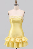 Pink Beaded Pearl Strapless A-Line Tiered Short Homecoming Dress with Ruffles