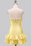 Pink Beaded Pearl Strapless A-Line Tiered Short Homecoming Dress with Ruffles