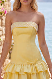 Pink Beaded Pearl Strapless A-Line Tiered Short Homecoming Dress with Ruffles