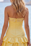 Pink Beaded Pearl Strapless A-Line Tiered Short Homecoming Dress with Ruffles