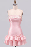 Pink Beaded Pearl Strapless A-Line Tiered Short Homecoming Dress with Ruffles