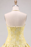 Butter Yellow Floral Jacquard Halter Short Homecoming Dress with Pearl Embellishments