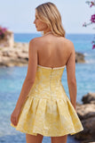 Butter Yellow Floral Jacquard Halter Short Homecoming Dress with Pearl Embellishments