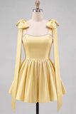 Butter Yellow A-Line Satin Pearl Trim Mini Homecoming Dress with Bow Tie Shoulder Straps