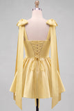 Butter Yellow A-Line Satin Pearl Trim Mini Homecoming Dress with Bow Tie Shoulder Straps