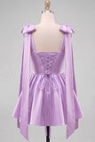 Butter Yellow A-Line Satin Pearl Trim Mini Homecoming Dress with Bow Tie Shoulder Straps