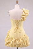 Espresso One Shoulder Ruffled Pearl Short Homecoming Dress with Ruffle Hem