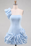 Espresso One Shoulder Ruffled Pearl Short Homecoming Dress with Ruffle Hem