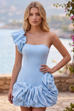 Espresso One Shoulder Ruffled Pearl Short Homecoming Dress with Ruffle Hem