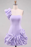 Espresso One Shoulder Ruffled Pearl Short Homecoming Dress with Ruffle Hem