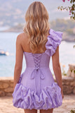 Espresso One Shoulder Ruffled Pearl Short Homecoming Dress with Ruffle Hem