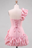 Espresso One Shoulder Ruffled Pearl Short Homecoming Dress with Ruffle Hem