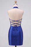 Royal Blue Bodycon Pearls Rhinestones Halter Short Homecoming Dress