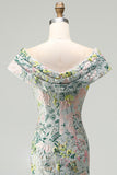 Green Off the Shoulder Floral Jacquard Sheath Long Mother of the Bride Dress with Slit