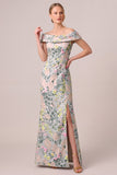 Green Off the Shoulder Floral Jacquard Sheath Long Mother of the Bride Dress with Slit