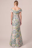 Green Off the Shoulder Floral Jacquard Sheath Long Mother of the Bride Dress with Slit