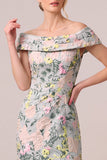 Green Off the Shoulder Floral Jacquard Sheath Long Mother of the Bride Dress with Slit