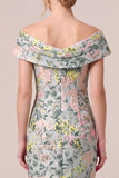 Green Off the Shoulder Floral Jacquard Sheath Long Mother of the Bride Dress with Slit