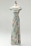 Green Off the Shoulder Floral Jacquard Sheath Long Mother of the Bride Dress with Slit