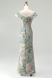 Green Off the Shoulder Floral Jacquard Sheath Long Mother of the Bride Dress with Slit