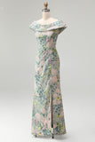 Green Off the Shoulder Floral Jacquard Sheath Long Mother of the Bride Dress with Slit