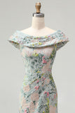Green Off the Shoulder Floral Jacquard Sheath Long Mother of the Bride Dress with Slit