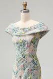 Green Off the Shoulder Floral Jacquard Sheath Long Mother of the Bride Dress with Slit
