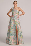 Asymmetrical One Shoulder Green Floral Jacquard A-Line Bow Long Mother of the Bride Dress with Slit