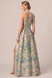 Asymmetrical One Shoulder Green Floral Jacquard A-Line Bow Long Mother of the Bride Dress with Slit