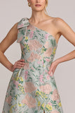 Asymmetrical One Shoulder Green Floral Jacquard A-Line Bow Long Mother of the Bride Dress with Slit