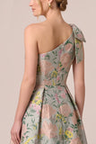 Asymmetrical One Shoulder Green Floral Jacquard A-Line Bow Long Mother of the Bride Dress with Slit