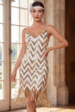 Sparkly White Golden Sequins Bodycon Short 1920 Dress with Fringes