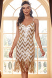 Sparkly White Golden Sequins Bodycon Short 1920 Dress with Fringes