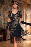 Sparkly Black Bodycon Sequin V-Neck Fringed Midi 1920s Dress with Beading