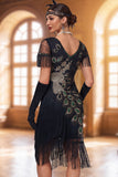 Sparkly Black Bodycon Sequin V-Neck Fringed Midi 1920s Dress with Beading