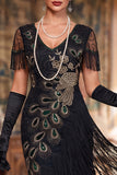 Sparkly Black Bodycon Sequin V-Neck Fringed Midi 1920s Dress with Beading