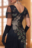 Sparkly Black Bodycon Sequin V-Neck Fringed Midi 1920s Dress with Beading