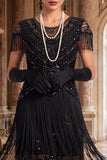 Vintage Black Golden Fringed Sequins 1920s Flapper Dress with Cap Sleeves